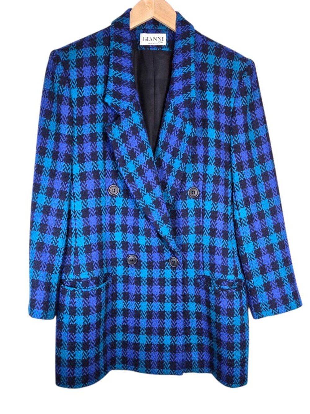 Vintage Double Breasted Blue Plaid Houndstooth Blazer 80s Maximalist Bold Preppy